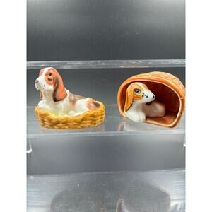Set of 2 Dogs in a Basket Figurines Brinton Bone China Basset Hound